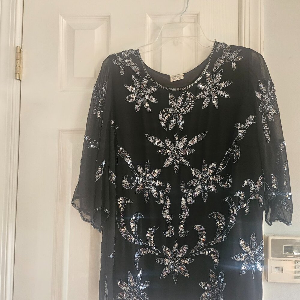 Roaman's Top Women Black White Allover Beaded Silk Formal Cruise - Picture 2 of 5